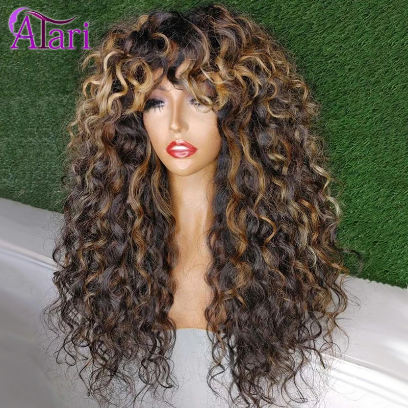 Виги из кудрявых человеческих волос цвета коричневого имбиря с челкой, плотностью 200% и полностью машинным производством "Atari Highlights Brown Jerry Curly Human Hair Wigs with Bang 200 Density Ginger Full Machine Made Peruvian on."