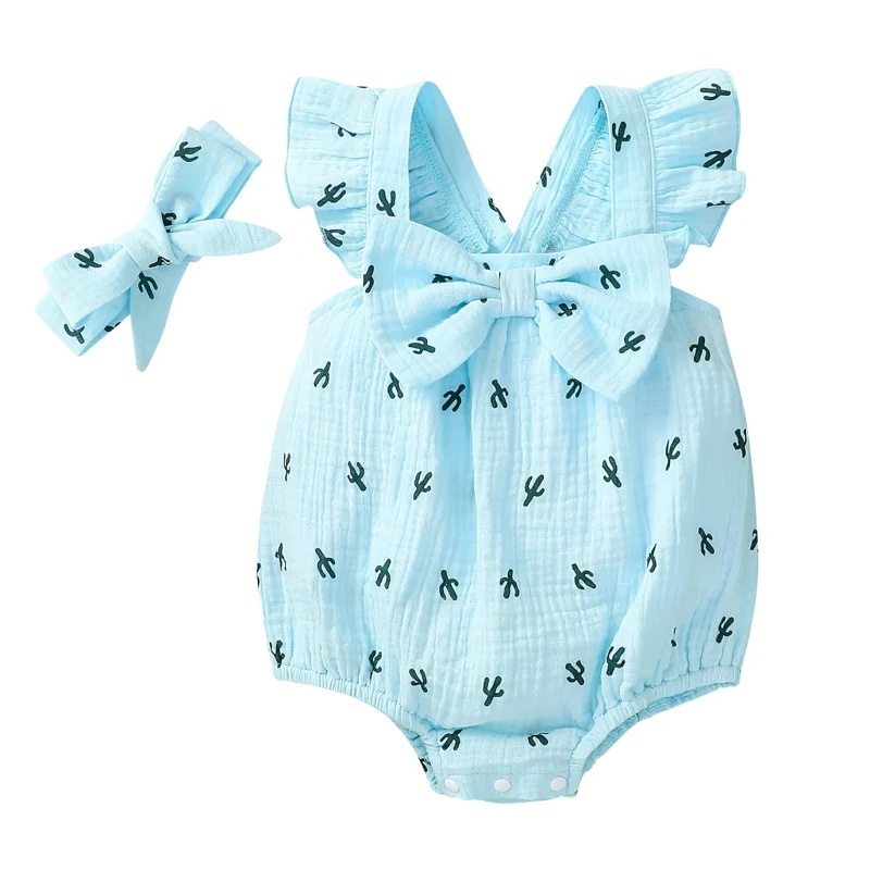 

2Pcs/Set Newborn Girls Clothes Outfits Summer Infant Cactus Print Bodysuit Toddler Ruffled Fly Sleeve Bowknot Romper + Headband
