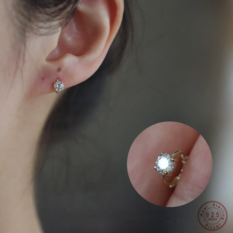 

925 Sterling Silver Korea Simple Four Claws Inlaid Zircon Stud Earrings Women Plating 14K Gold Shiny Wedding Party Jewelry Gift