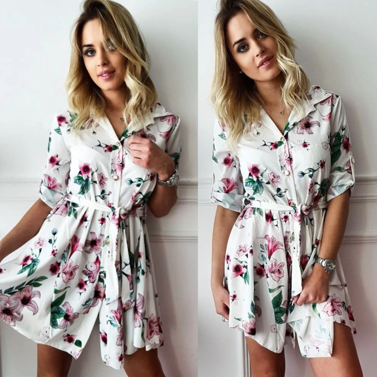 

Женское платье-рубашка, вечернее праздничное платье в стиле бохо с цветочным поясом, женское пляжное платье с длинным рукавом