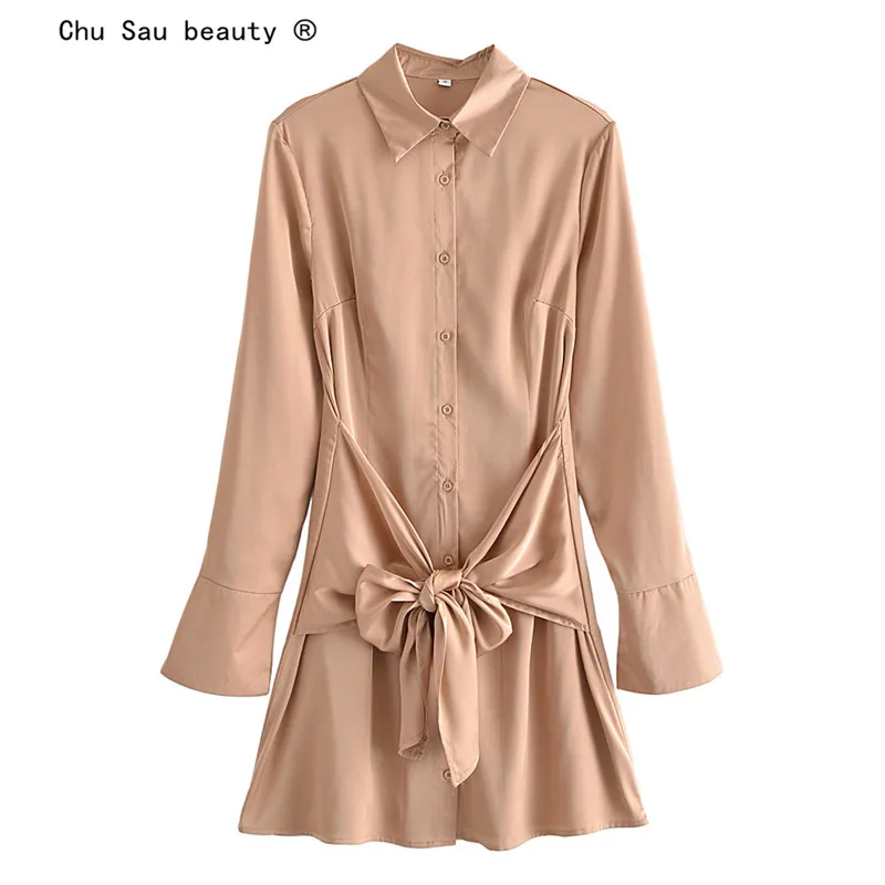 

French Vintage 2022 Spring Autumn New Woman Slim Satin Lapel Single-Breasted Flared Long-Sleeved Lace Sexy Mini Dress