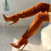 Stylish Brown Suede Over The Knee Boots Pointed Toe Stiletto Heels Zipper Tight High Boots Wide Calf Women Party Dress Shoes