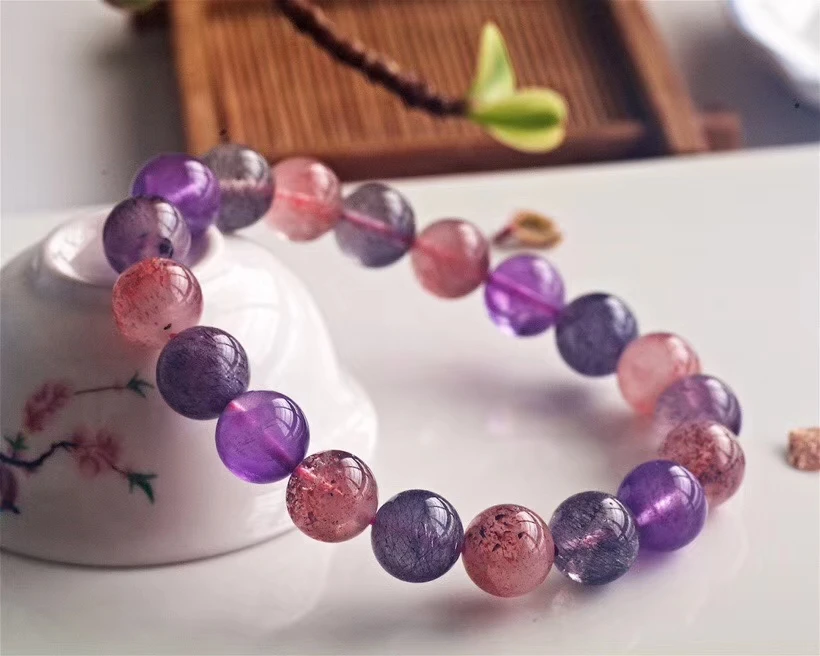 

10.7mm Genuine Natural Super Seven 7 Red Lepidocrocite Quartz Bracelet Clear Round Beads Stretch Crystal AAAAA