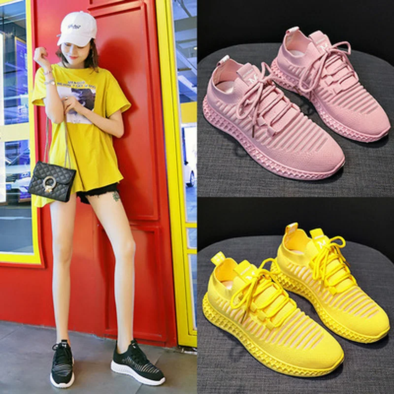 

Fashion Spring Summer Yellow Knitted Breathable Casual Shoes Women Sneakers Korean Sports Leisure Shoes Women Vulcanize Shoes