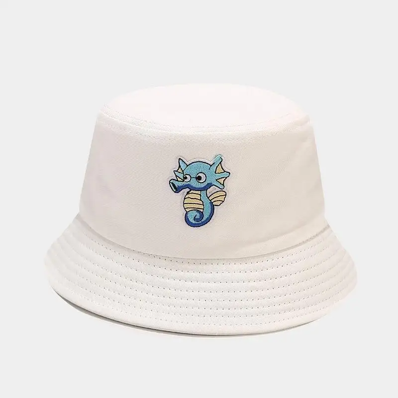 

2021 cotton Cartoon sea horse embroidery Bucket Hat Fisherman Hat outdoor travel hat Sun Cap Hats for Men and Women 157