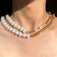 2022 white pearl asymmetrical chain beaded necklace for women baroque choker cuban chunky necklace fashion jewelry femme collier