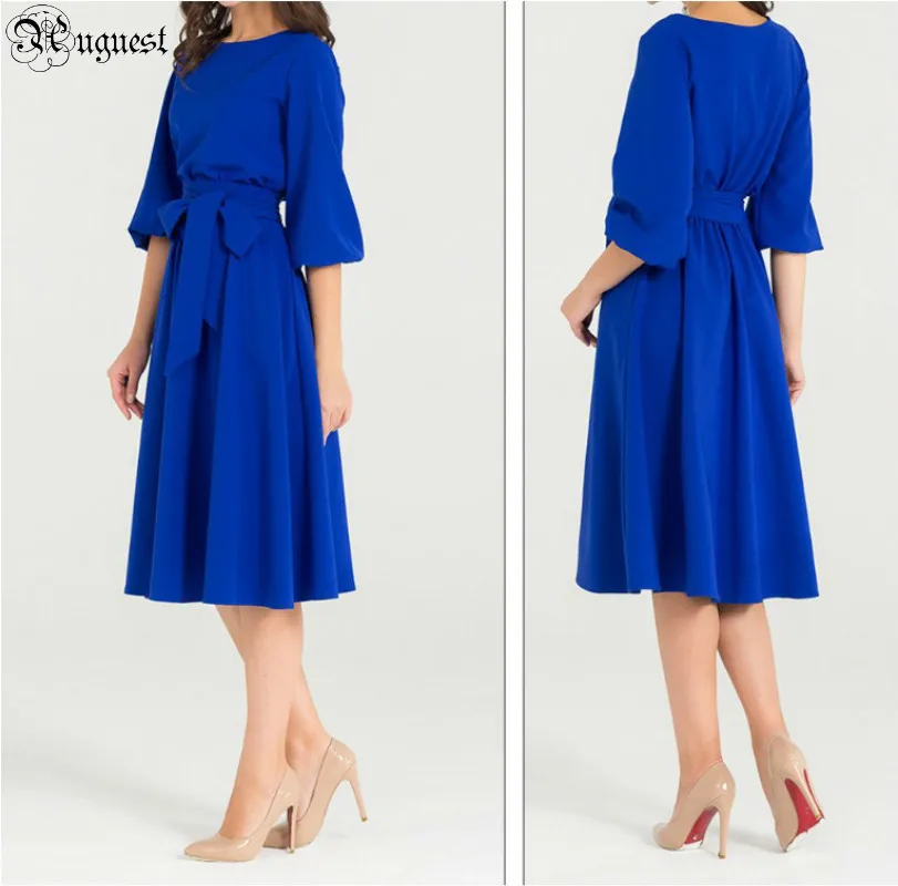 

Uguest Women Fall Office Lady Dress Sashes Pleated A-line Round Neck Wrist Sleeve Spring Long Plus Size Party Casual Dress