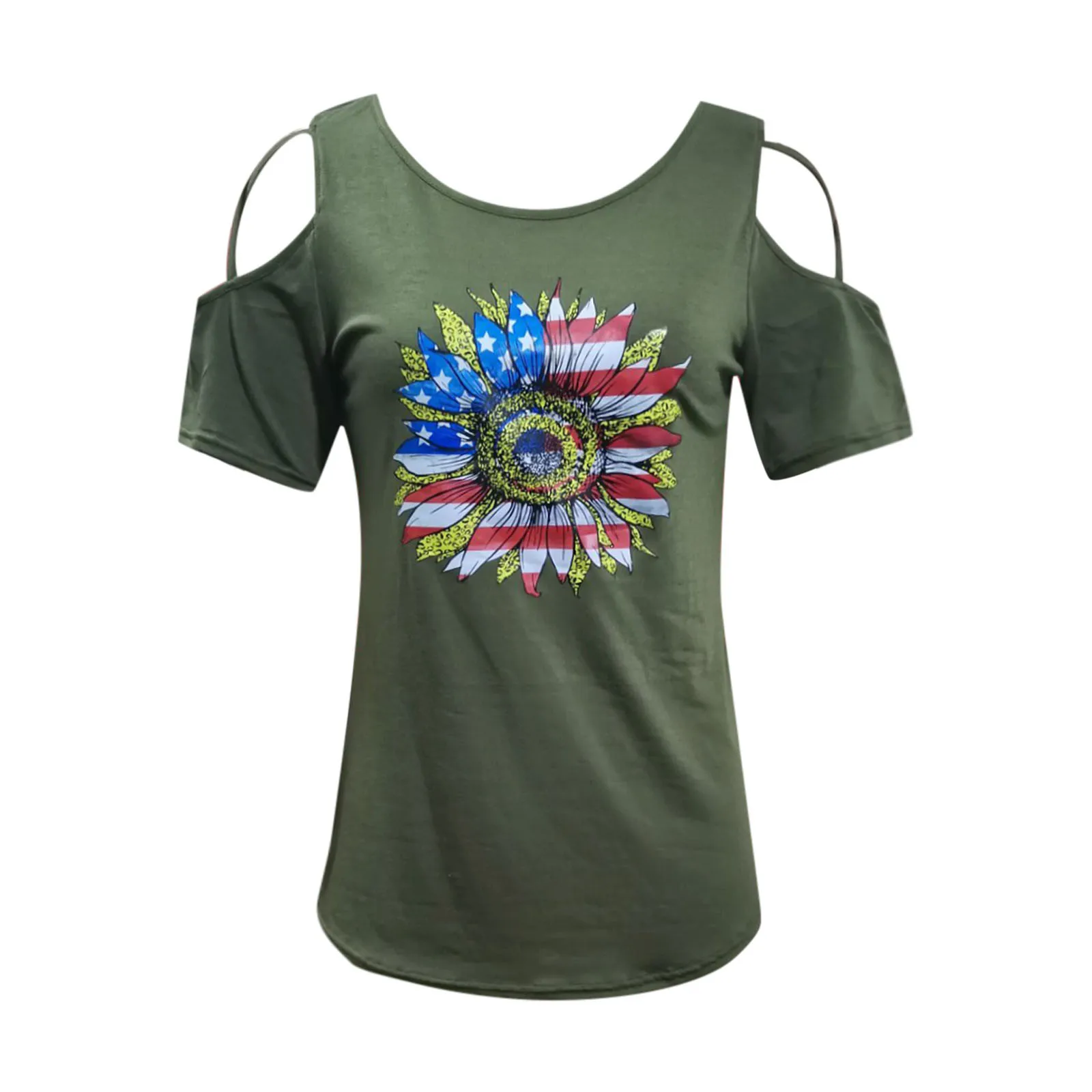 

American Flag Print Women Blouse Sunflower Shaped Cold Shoulder Blouse Independence Day Short Sleeve Women Tops And Bloues Blusa