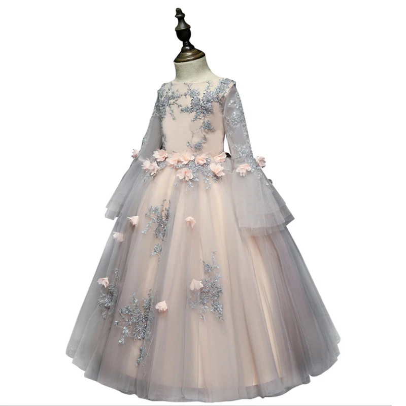 

IYEAL Girls Wedding Dresses Long Sleeve Bead Appliques Lace Party Princess Birthday Dress First Communion Gown Flower Girl Wear