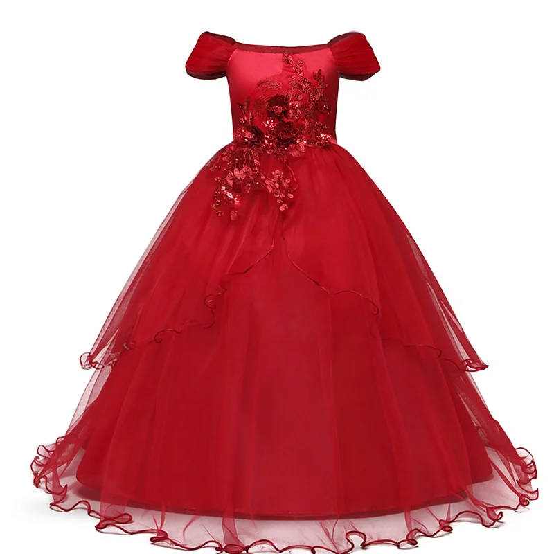 Red Kid Dresses for Girls Wedding Elegant Flower Princess Formal Long Gown Baby Girl Christmas Dress Vestido Infantil 6 12 14 Years - Цвет: Red