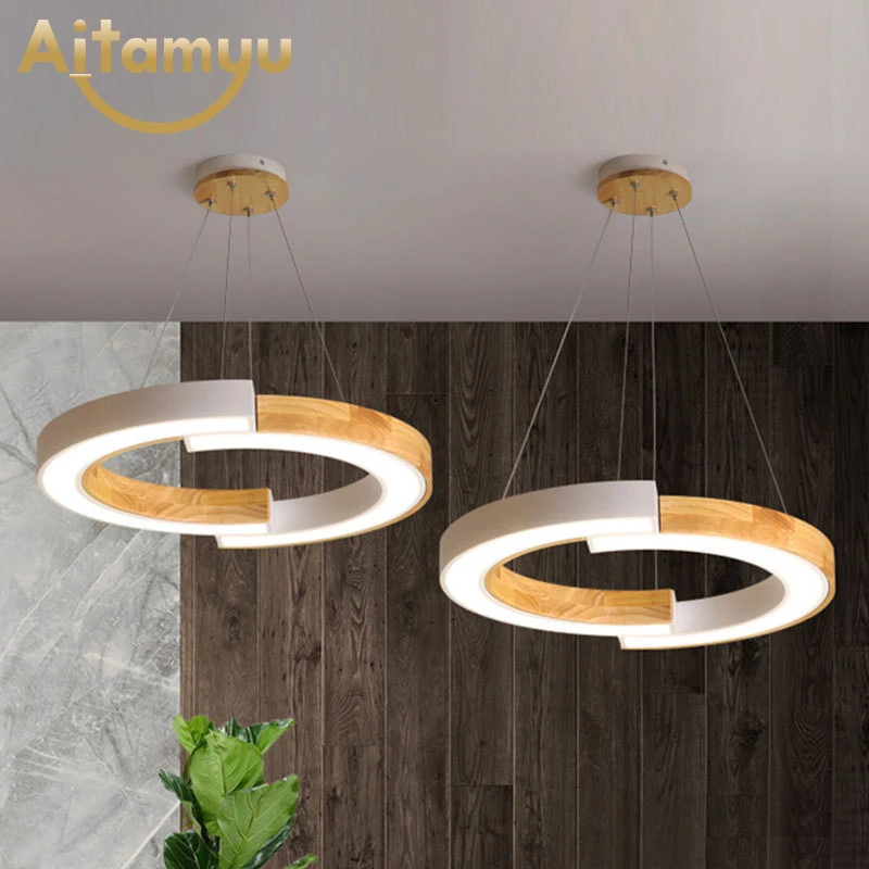 Wooden Lampshades Rings Pendant Lights For Dining Hotel Hall Suspension Lamp Kitchen Hanging Home Lighting Fixtures 2019 trazos pendant lights led modern for dinning room wooden metal suspension hanging ceiling lamp home lighting for kitchen