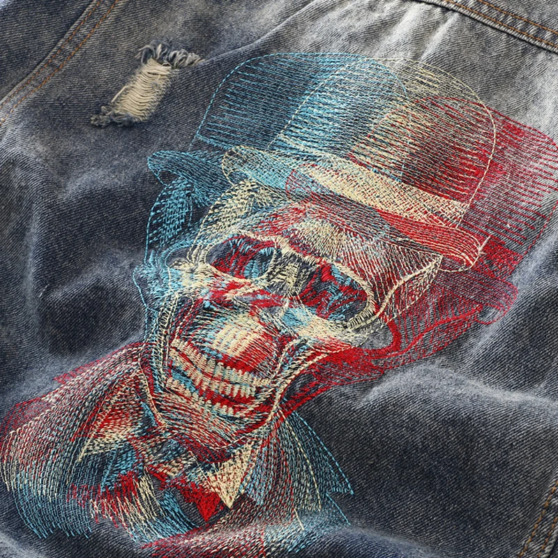 

Newly Designer Fashion Men Jackets Punk Cotton Coat Skull Embroidery Ripped Denim Jackets Men Streetwear Hip Hop Chaqueta Hombre