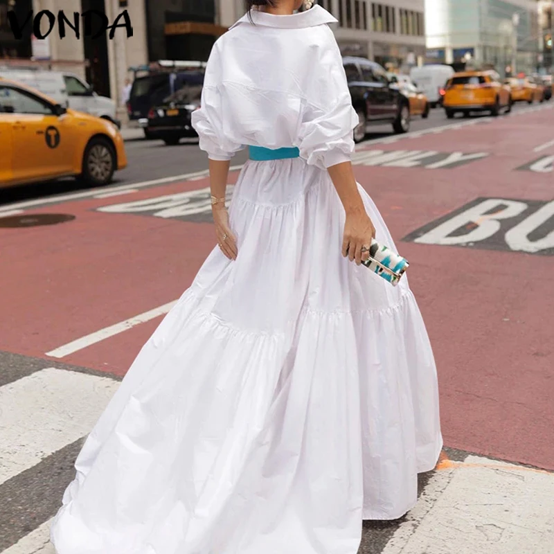 

Elegant Party Long Maxi Dress 2021 VONDA Women Offce Lady Sundress Lapel Neck Long Sleeve Shirt Dress Casual Vestido Robe Femme