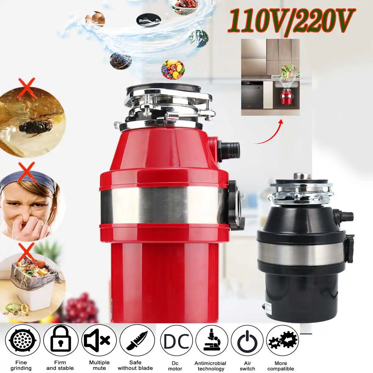 

370W Food Waste Disposers kitchen garbage disposal food crusher Stainless steel Grinder material Sewer Rubbish Disposal Crusher