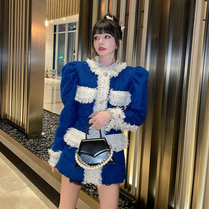 

[DEAT] 2021 New Style Design Sense Blue White O-neck Sweater Coat Woolen Denim Thickened Medium Length Spring And Autumn GX1229