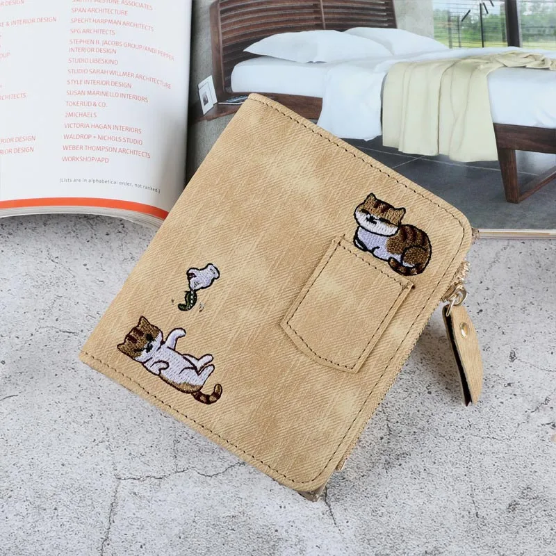 2020 Роскошный кошелек с вышитым котом Женский карманом для монет Kawaii кожаные