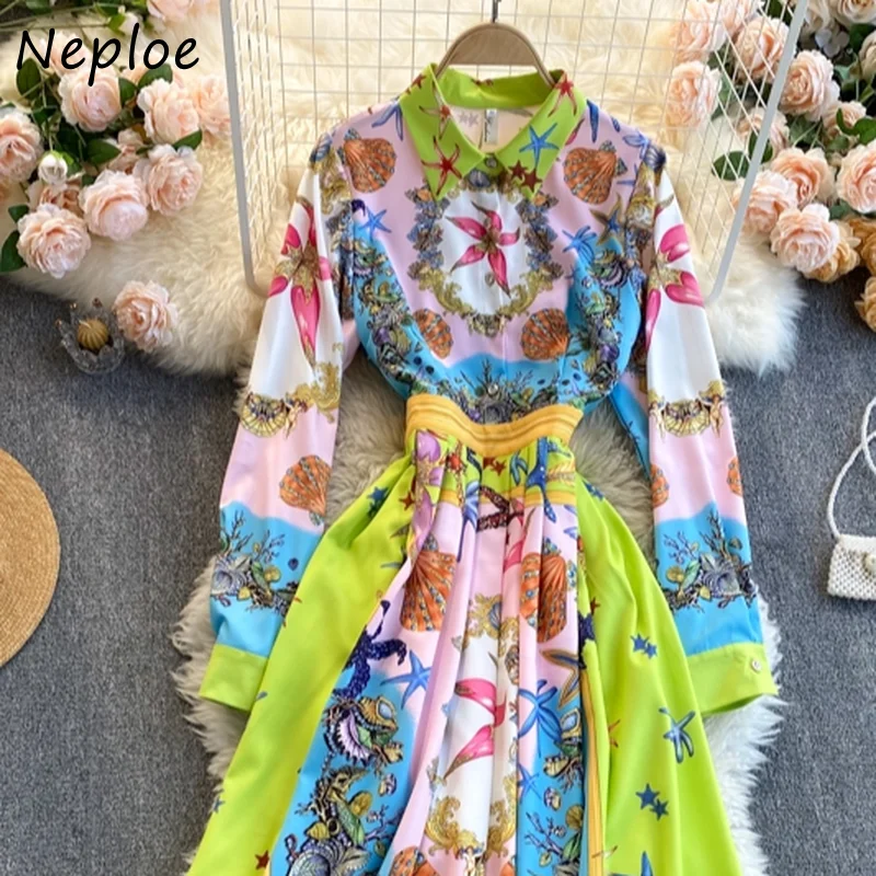 

Vintage Print Bohemian Holiday Dress Women High Waist Hip A Line Vestidos Turn Down Collar Long Sleeve A Line Slim Robe