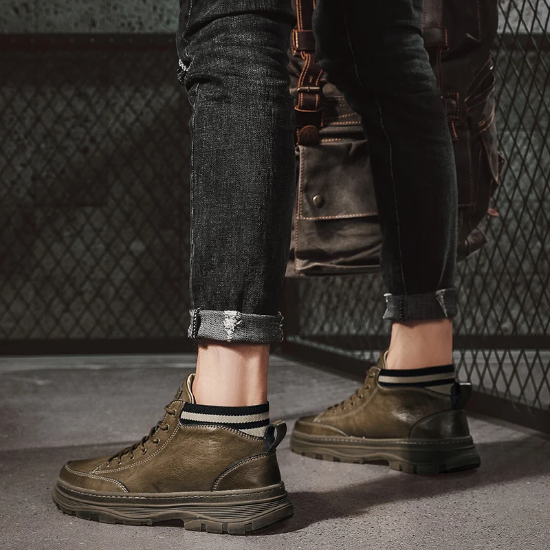 Ботинки мужские из натуральной кожи модные полусапожки повседневные уличные