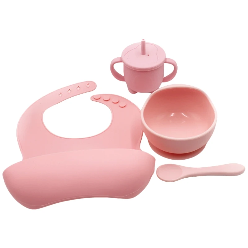 

4 Pcs Baby Silicone Bibs Sucker Bowl Spoon Straw Cup Set Training Feeding Food Utensil Dishes Tableware Kit for Newborn