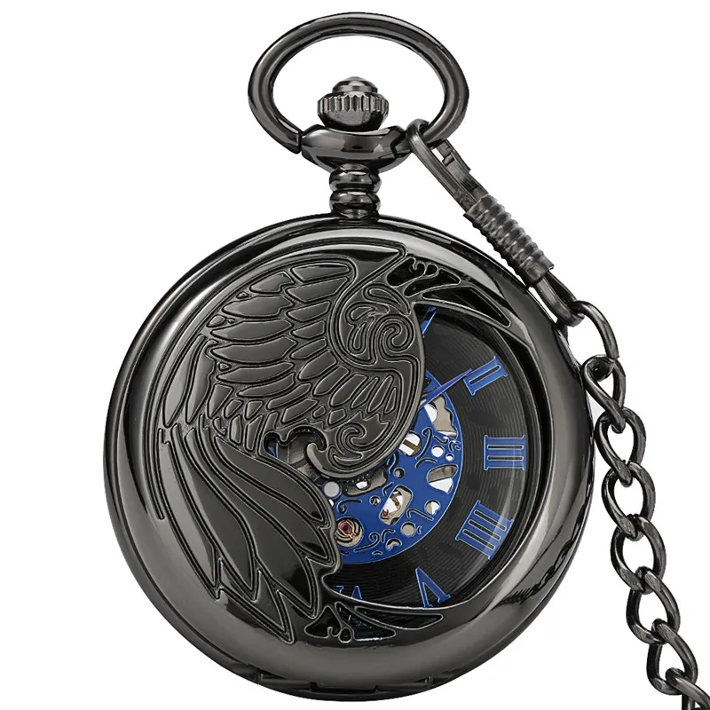 Antique Hollow Peacock Case Blue Roman Number Skeleton Steampunk Handwinding Mechanical Pocket Watch Chain Gift for Men Women