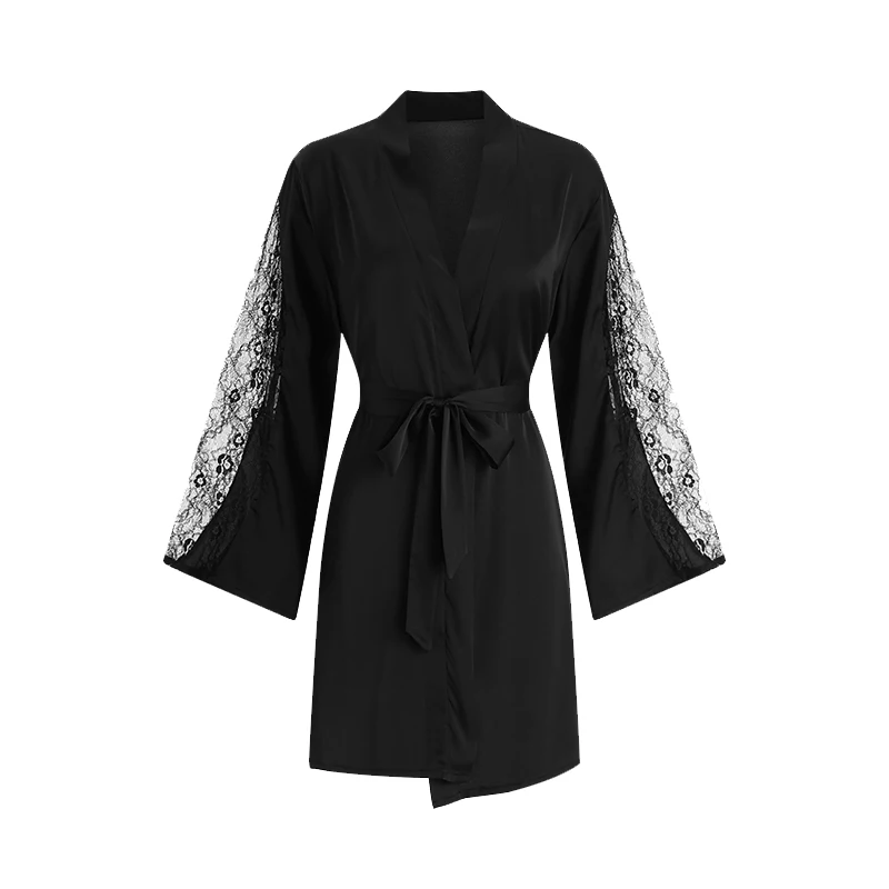 

Robe Women Lace Patchwork Casual Nightgown Sleepwear Fashion Women's Summer Bathrobe Gown With Belt Solid Color Kimono Femme