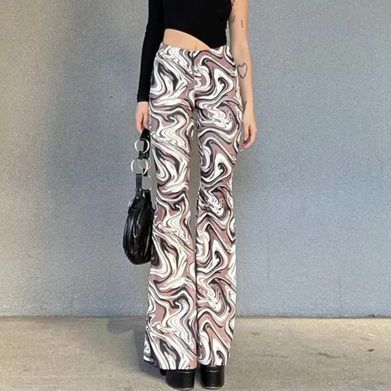

All-Match Retro Ladies Pants Water Ripple Print 2021 Summer New Fashion Female Casual Streetwear Polyester Mid Waist Pant Women