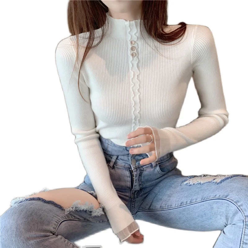 

Sexy Fashion Sweater Women 2021 Knit Sweater Spring and Autumn New Half High Neck Top Slim Sweater Bottoming Shirt