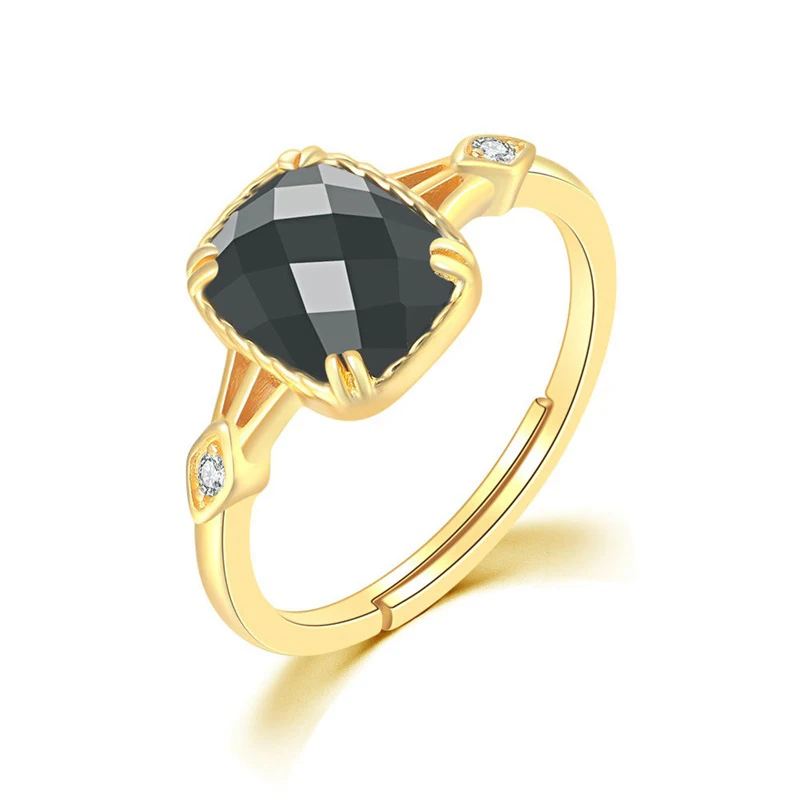 

Bague Ringen Sterling Silver 925 Jewelry Charms Ring for Women Natural Gemstones Square Black Agate Ring Resizable Wholesale