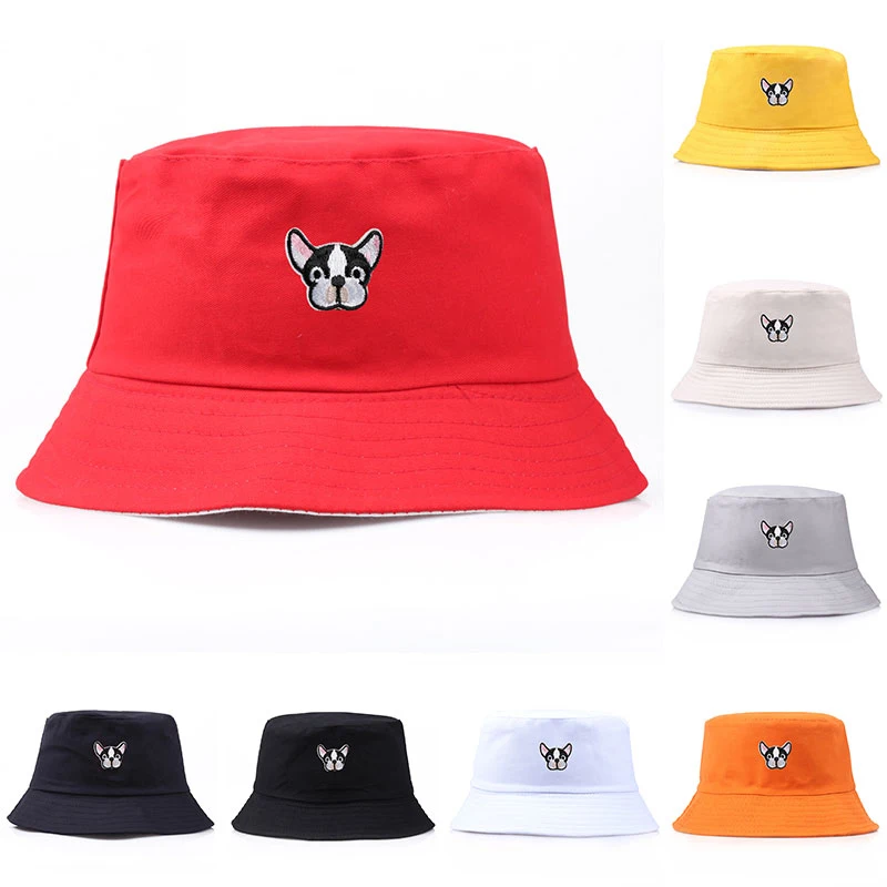 

Unisex Bucket Cap Women Men 2020 Fashion Dog Embroidery Fisherman Hat Outdoor Casual Streetwear Sunscreen Cotton Round Hats