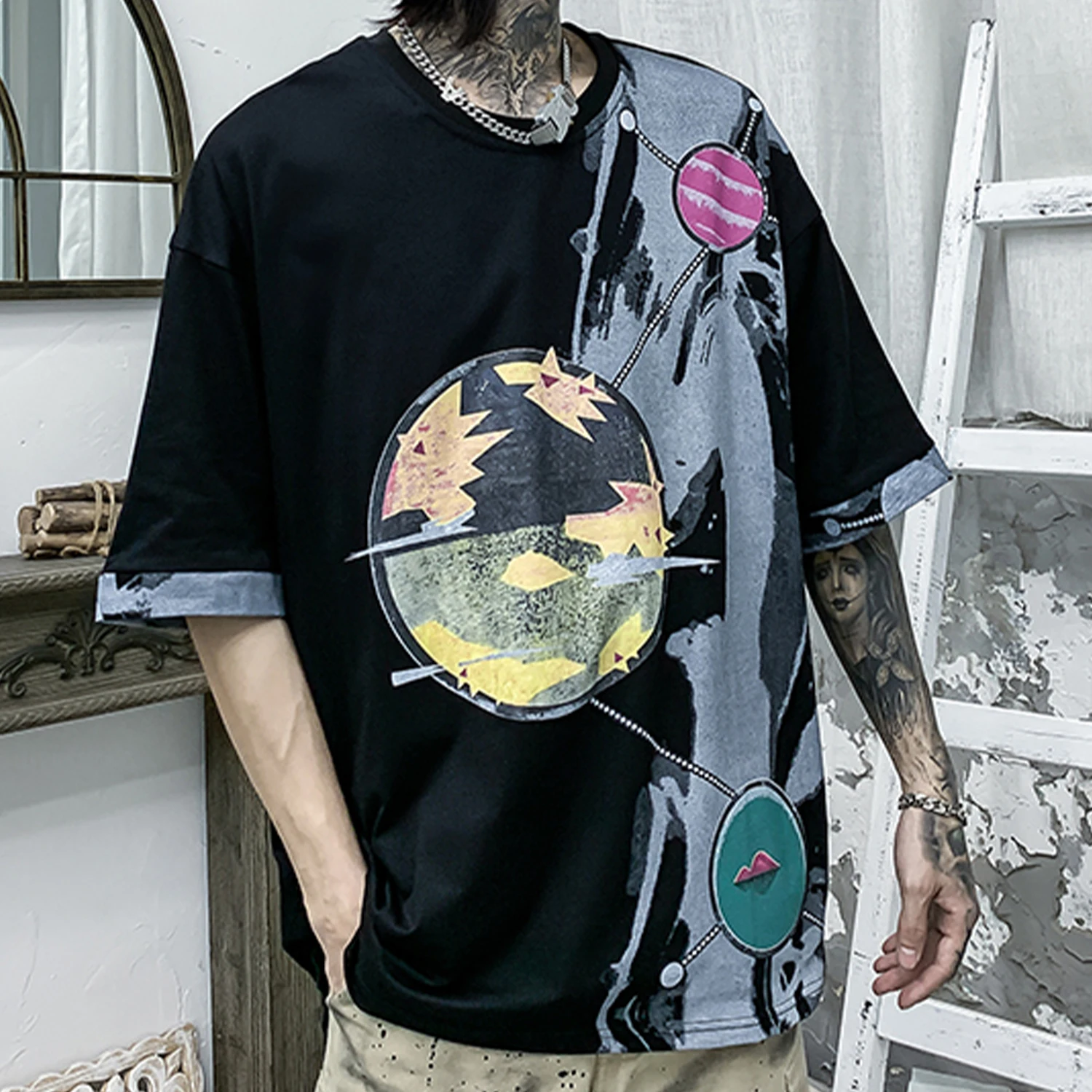 Хип Хоп Футболка с принтом планеты Мужская свободная футболка лето 2020 Harajuku