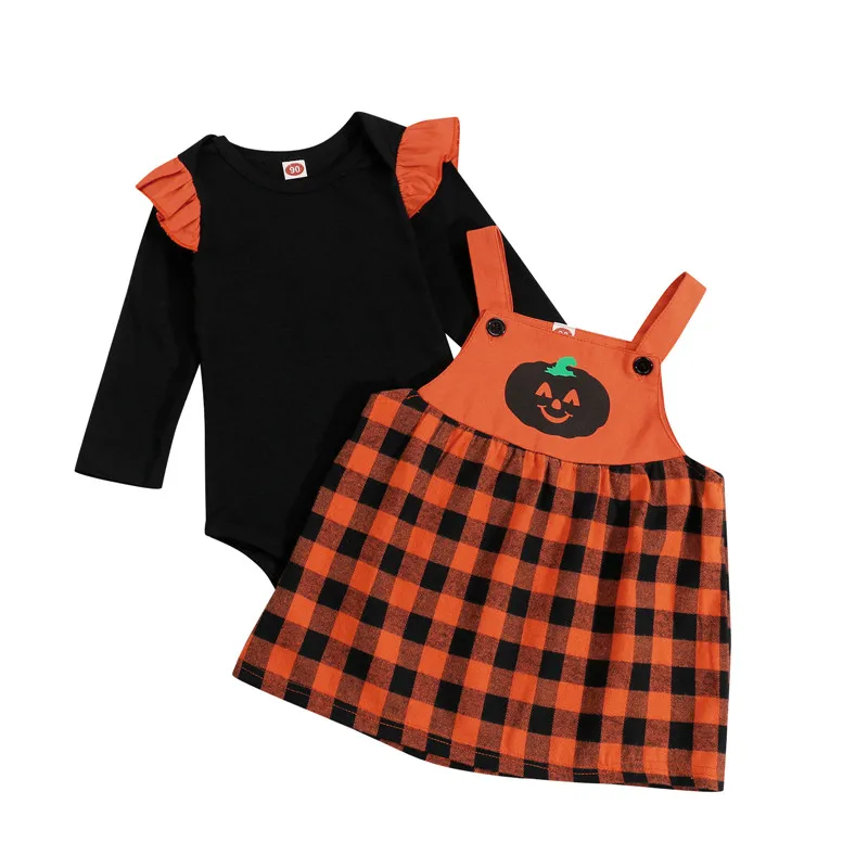 

2Pcs Baby Girls Outfit, Autumn Solid Color Fly Long Sleeve Round Collar Romper + Plaid Pumpkin Printing Suspender Skirt Set