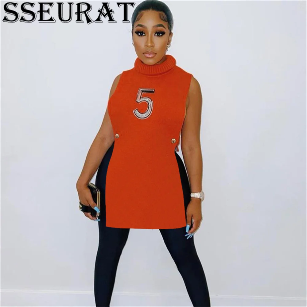 

SSEURAT Women Sweater Dress Sleeveless Turtleneck Slim Solid Print Streetwear Female Mini Dress
