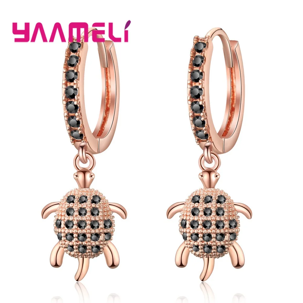 Серьги подвески из черепахи розовое золото серебро полная фианитовая