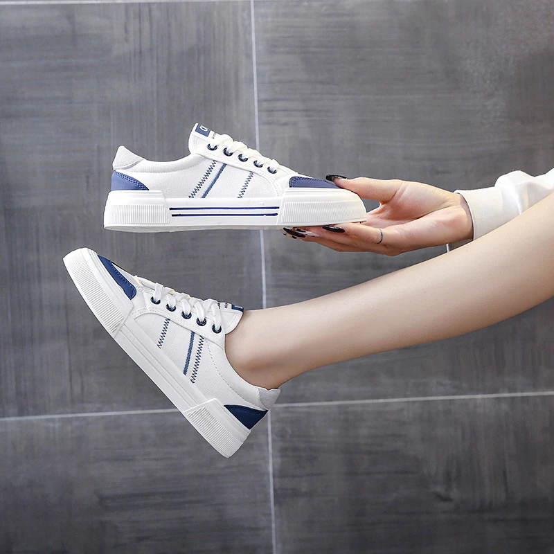 

Stitched Low-top White Canvas Shoes Summer Outdoor Flat Women's Low-top Sneakers Casual Fashion Lace-up Ladies Vulcanized Shoes