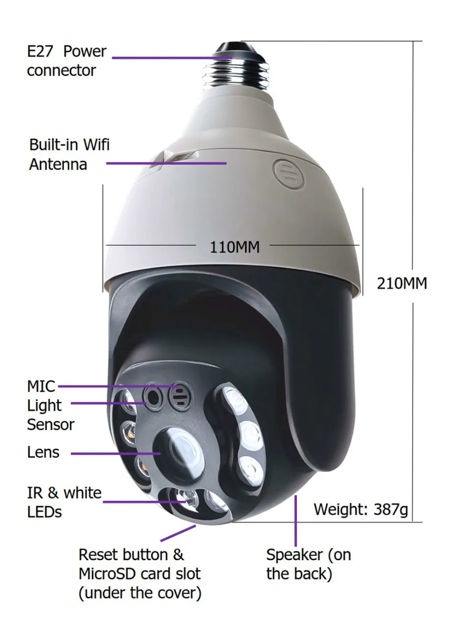 Уличная лампа-камера 3MP1080P Smart Life с Wi-Fi IP PTZ ИК-подсветкой ночным видением для