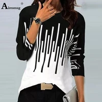 aimsnug 2022 new bohemian stripes print top long sleeve ladies elegant leisure casual t shirt oversize women tees shirt