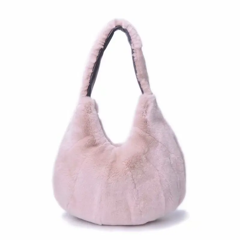 

2021 Women's Real Rex Rabbit Fur Handbags Fashion Fur Shoulder Bags Large Capacity Totes S7985