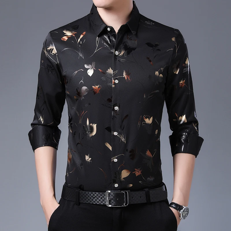 Мужская приталенная рубашка MIACAWOR Повседневная с длинным рукавом и цветочным