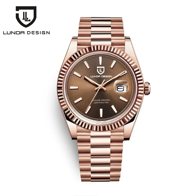 

LUNDA Design classic luxury man watch Brown dial Date 40mm watches 2813 Movement Rose goldstainless steel