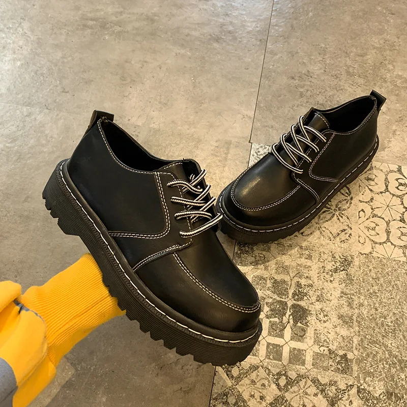 Оксфорды Женские однотонные черные коричневые кожаные винтажные на платформе