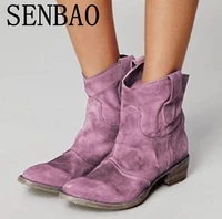 women ankle boots winter suede square heel pointed toe vintage boots women botas mujer female ankle slip on cowboy boots