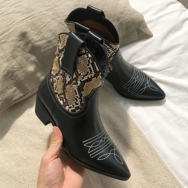 

Retro Pointed Toe Western Boots Genuine Leather Height Increasing Mid-Calf Med Slip-On Short Woman Boots Snake Print Shoes