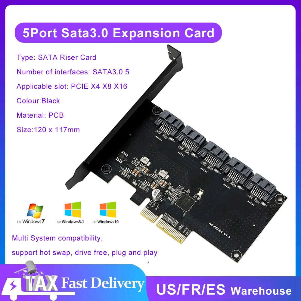 5port Sata3.0 Expansion Card Transmission Rate 6Gbps JMB585 PCI-E to 5 SATA Riser Card for PCI Express X4 X8 X16 Support Win7/10