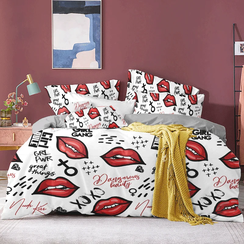 3D Bedding Set Red Heart Kiss Lips Mouth Print Duvet Cover With Pillowcase Polyester Bed Home Textiles For Adults |
