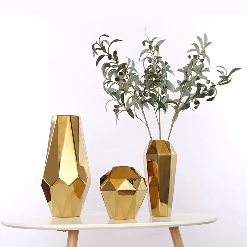 

Light luxury Electroplating Golden Flower Vase Geometric Abstract Ceramic Decorations For Home Desk Decoration Living Room