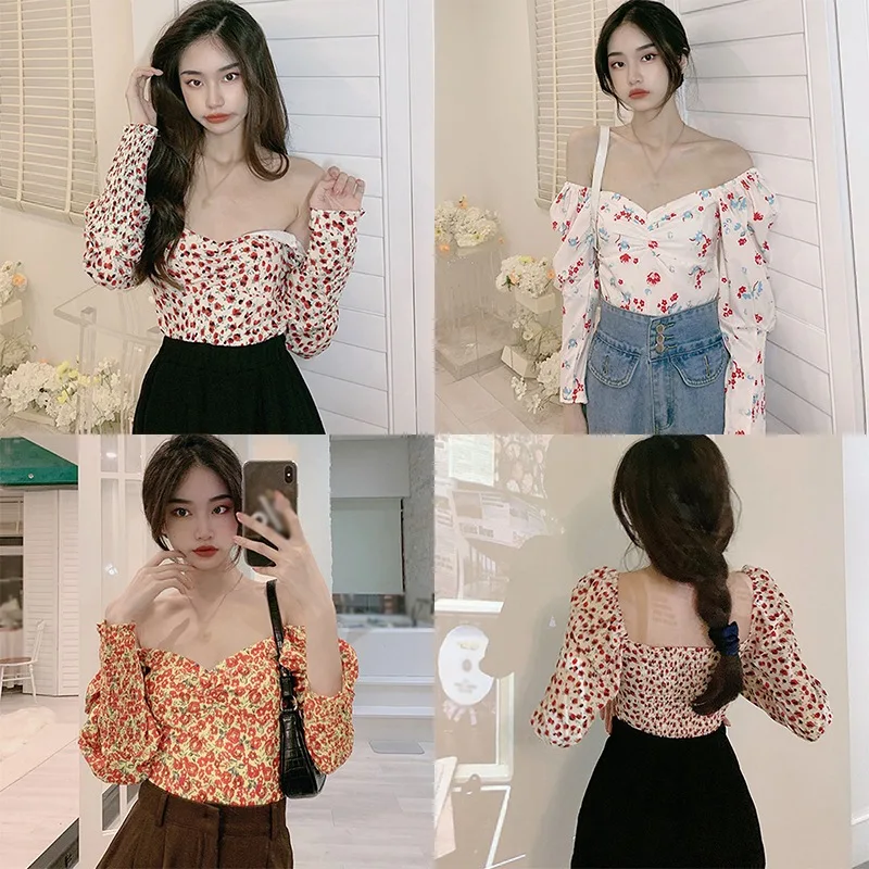 

Spring/Autumn Floral Print Square Neck Women's Shirt Ladies Sweet Puff Sleeve All-Match Short Tops Women Shirts Blusas Feminine