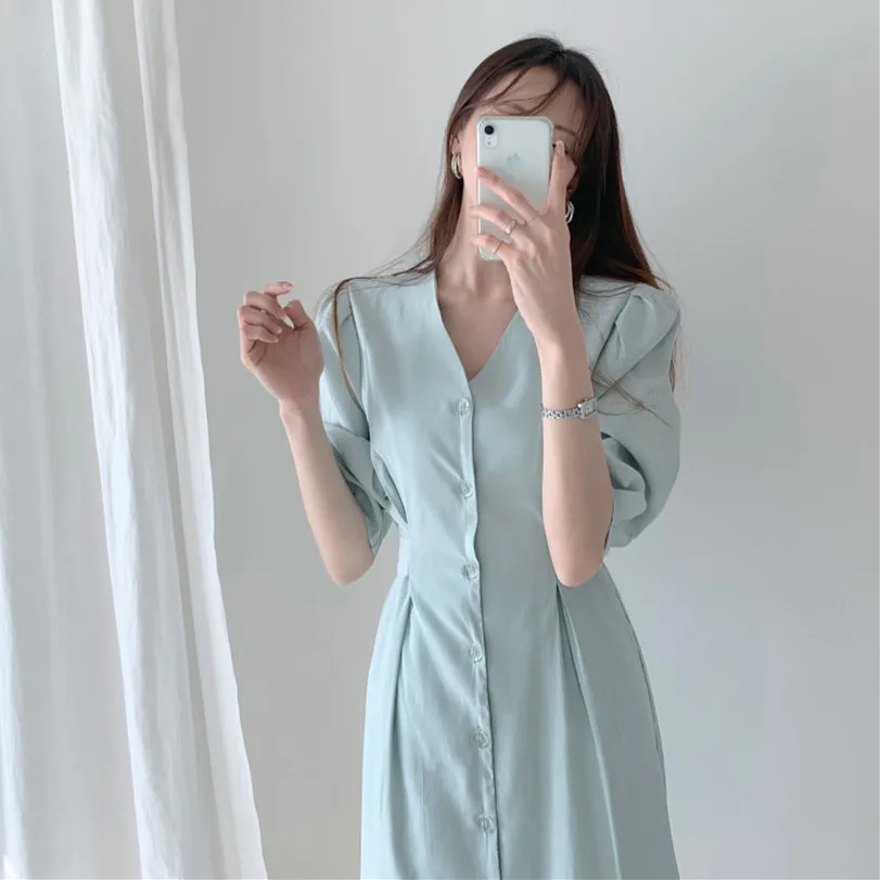 Новое летнее женское платье в Корейском стиле приталенное до колена офисное