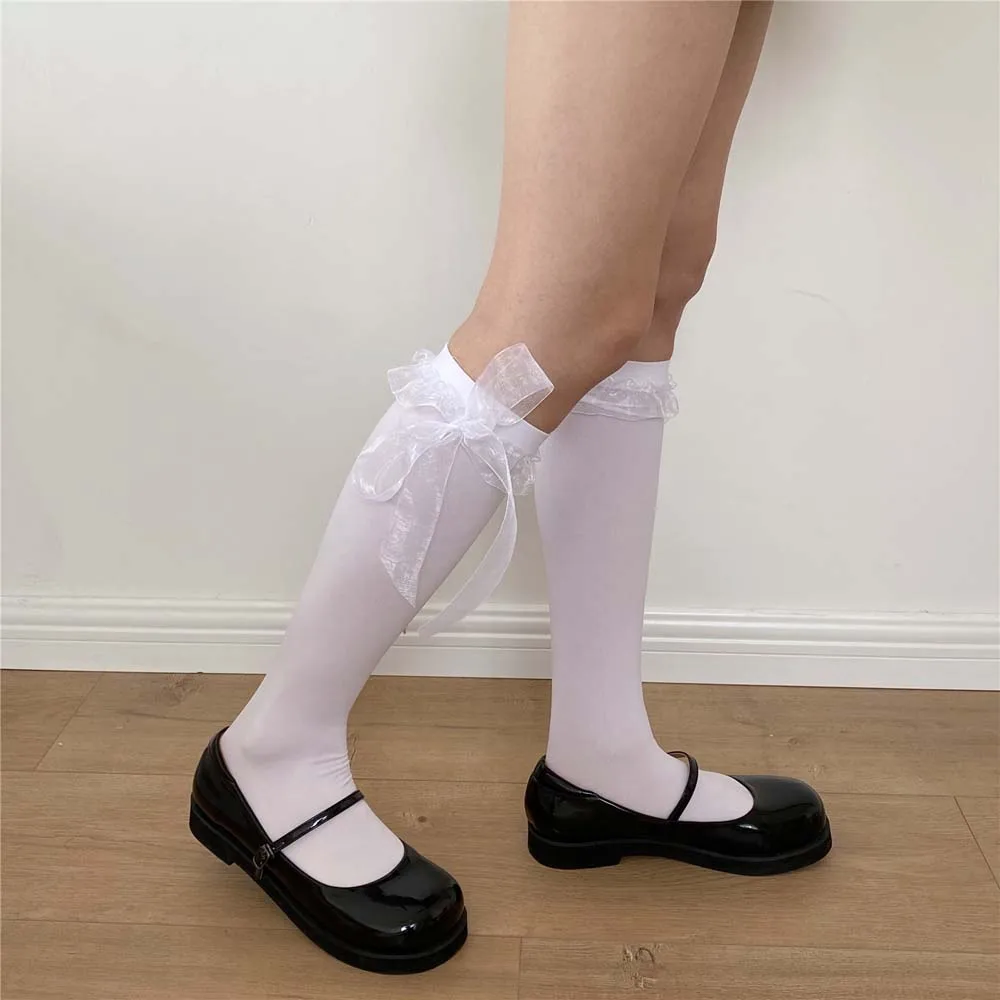 

Lolita Ribbon Stockings Middle Tube Socks Korean Cute Sweet Ruffles Lace Calf Socks For Women Long Stockings