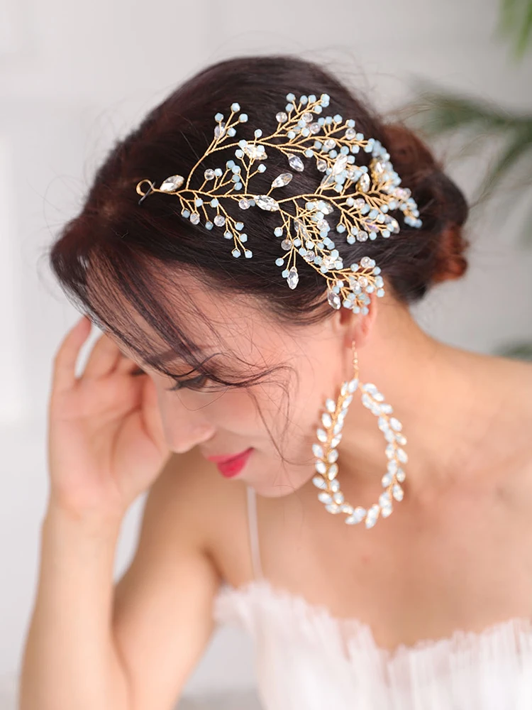 Золотой свадебный ювелирный набор для волос винтажный головной убор и серьги