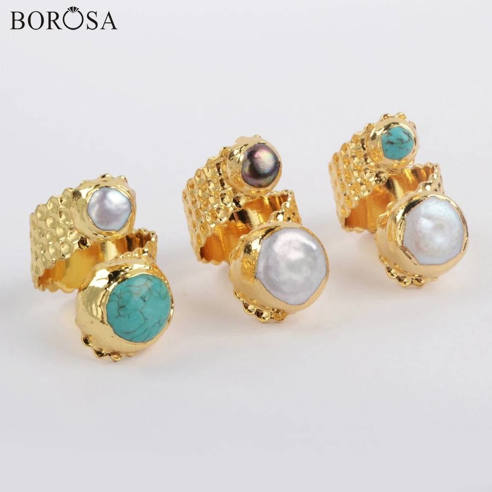 BOROSA 5 шт. позолоченный натуральный белый и черный натуральный шарф с жемчугом кольцо синий Howlite& Белый жемчуг битые кольца ювелирные изделия G1883